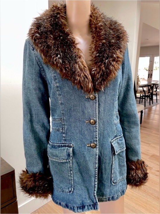 giacca Jackets & Blazers - Vtg GIACCA Penny Lane Y2K Faux Fur Denim Coat Jacket Old Money Mobwife XL